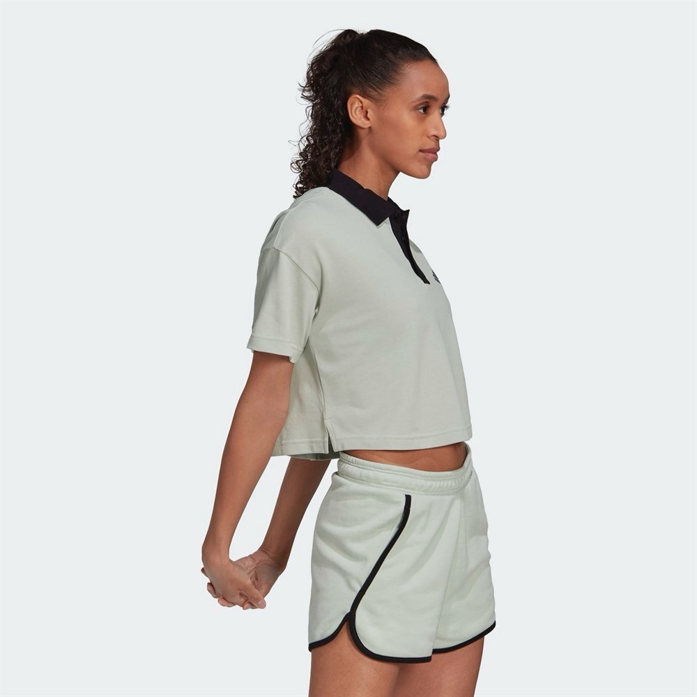 Adidas Cropped Pique Polo in Linen Green - Picture 2 of 13